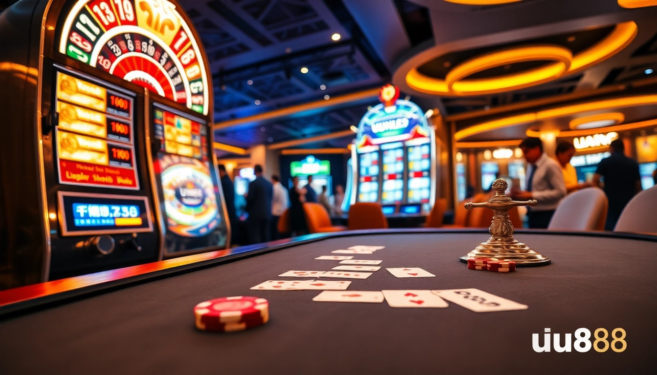 Players enjoying exciting games at UU88 casino with vibrant slot machines and a live dealer table.