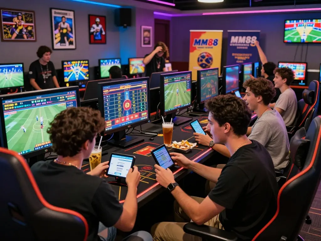 Exciting group enjoying MM88 online betting in a vibrant gaming lounge.