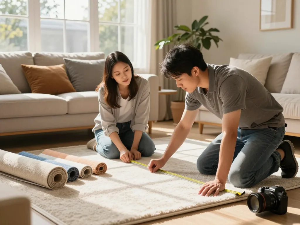 Residential carpet installation process in a cozy living room with homeowner and installer discussing carpet options.