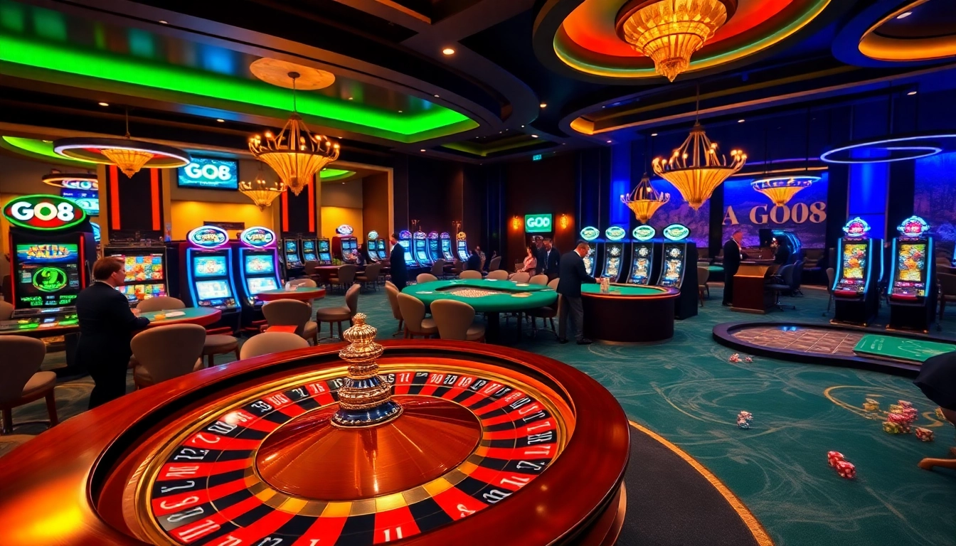 Players enjoy a thrilling experience at the GO8 casino with a vibrant roulette wheel and colorful poker chips.