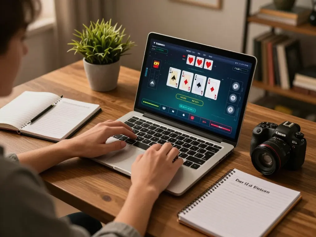 Engaged player strategizing poker bets on 98win from a cozy home office setting.