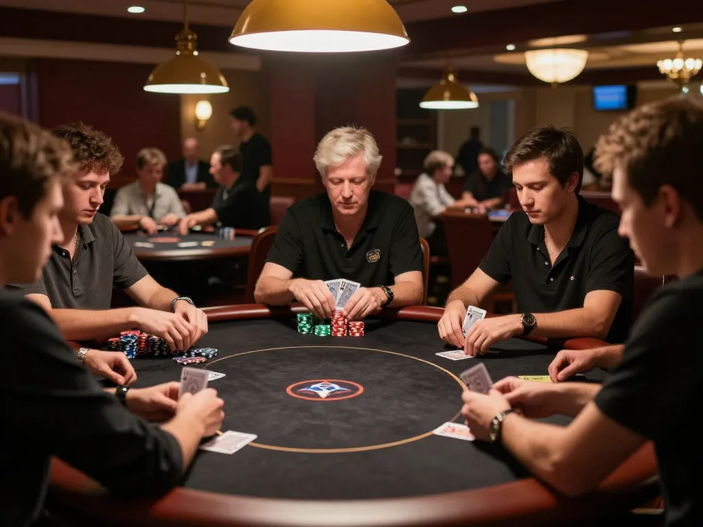 33win1 players strategizing and enjoying a thrilling night at a poker table with chips stacked high