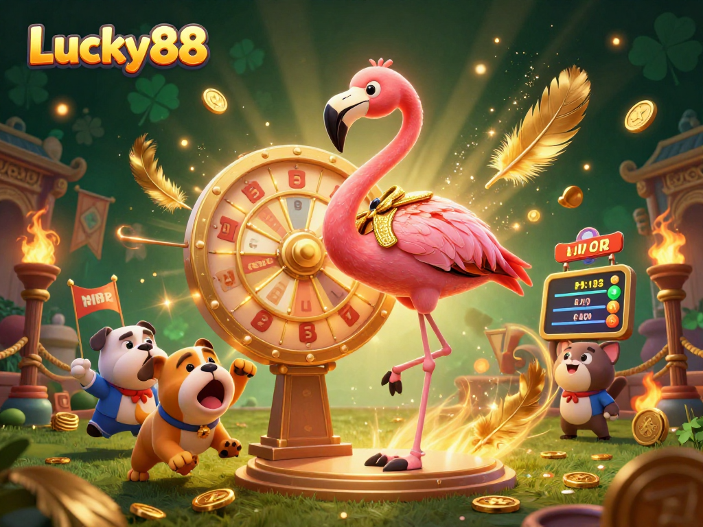 Experience exciting wins with Lucky88 at this vibrant 3D casino scene featuring animated characters.
