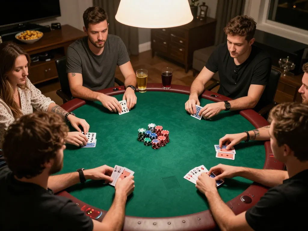 BL555 players engaged in a strategic poker game with colorful chips and cards visible.