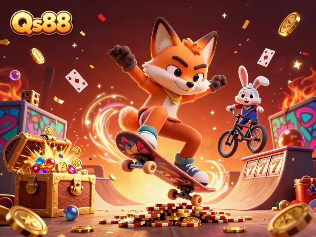Experience thrilling gaming action at Qs88 with a vibrant 3D casino scene featuring energetic characters.