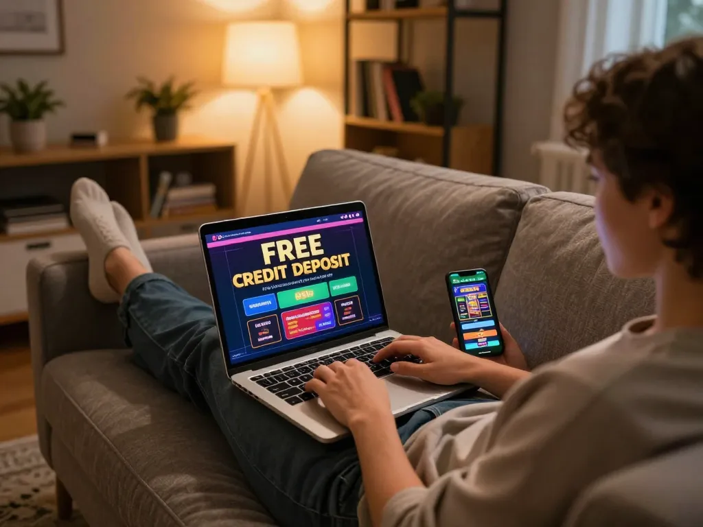 A person enjoying online gaming with free credit no deposit offers on a laptop in a cozy home environment.