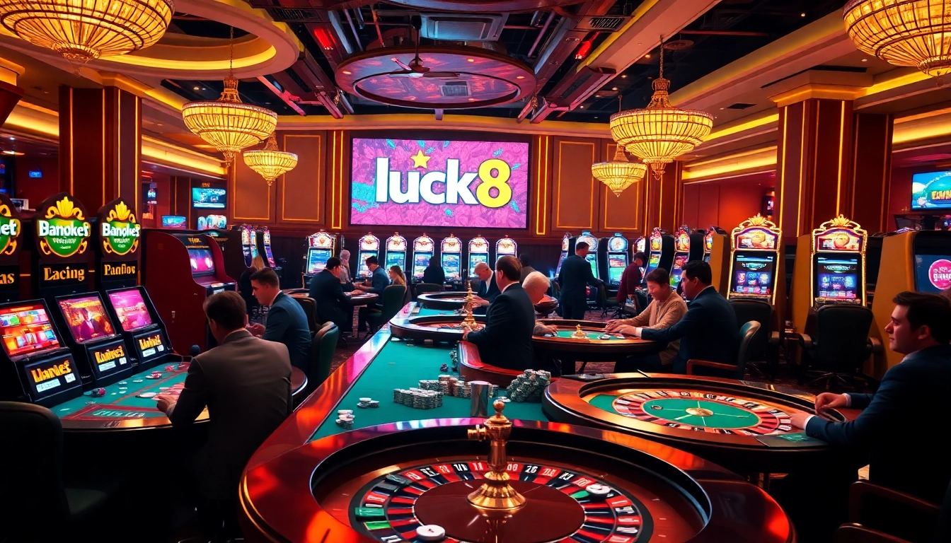 Experience the excitement of luck8 with players at casino tables and vibrant slot machines.