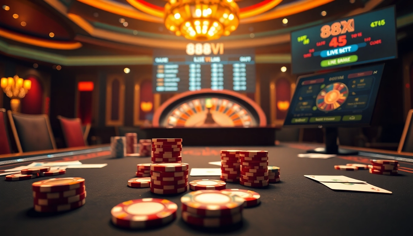 Experience excitement at 888 VI casino table with poker chips and vibrant gameplay.