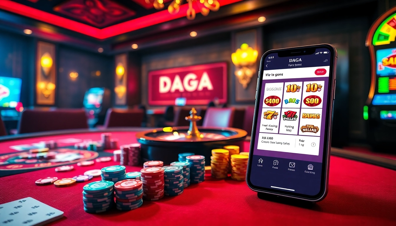 DAGA online gambling platform showcasing excitement at a luxurious casino table with cards and chips.