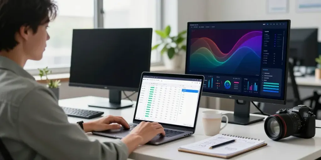 Tech analyst working on instant indexing tools in a modern office.