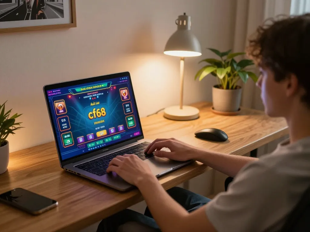 This scene illustrates a user engaging in online gaming at nhà cái cf68, showcasing an interactive and vibrant gaming experience.