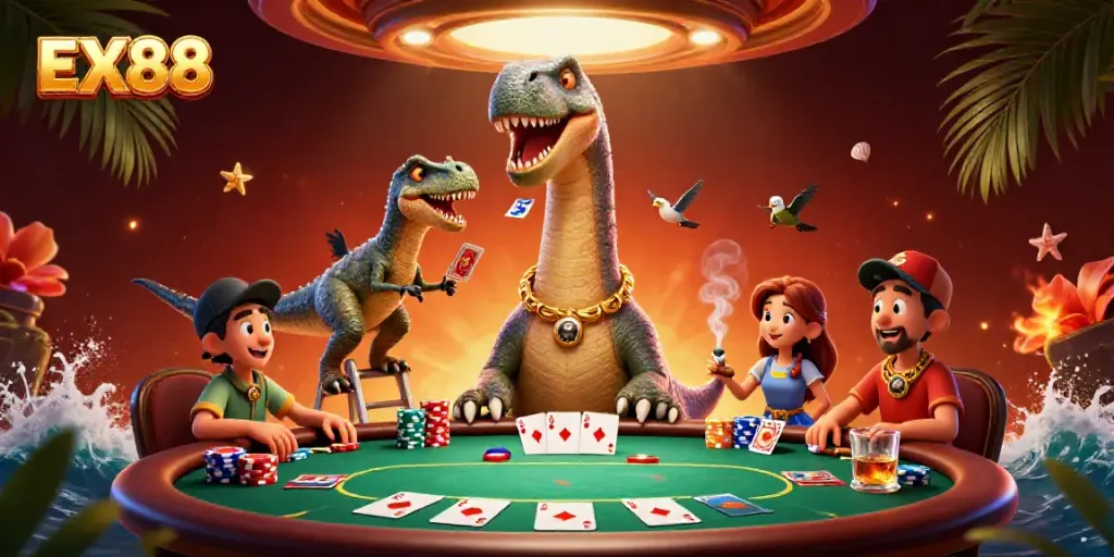 Experience the fun of card dealing at EX88's vibrant casino scene with thrilling characters.