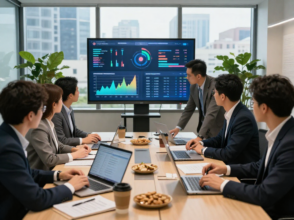Team collaborating on strategic goals with IDXSTAR analytics in a modern office.