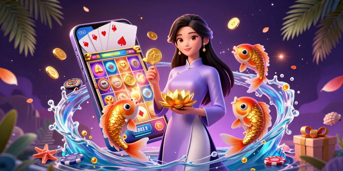 B52 casino gaming scene featuring an Asian woman with a lotus flower, koi fish, and vibrant gambling elements.