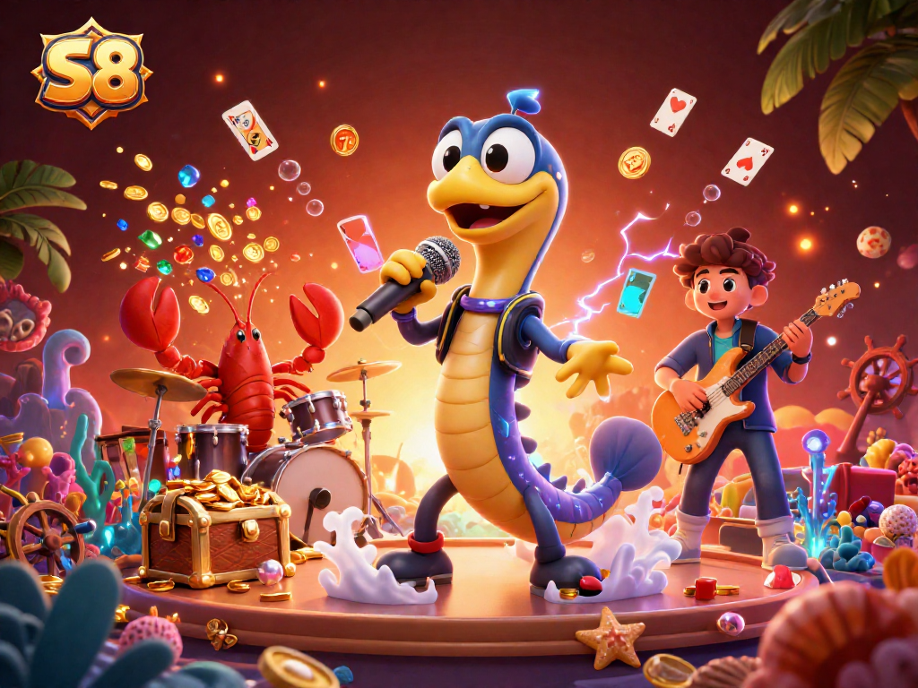 S8 showcases vibrant underwater casino fun with an electric eel DJ and colorful game elements.