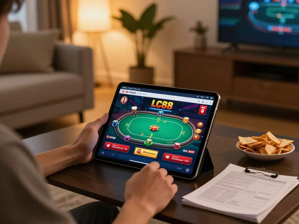 Player engaging with the lc88 casino app on a tablet while studying strategies at home.