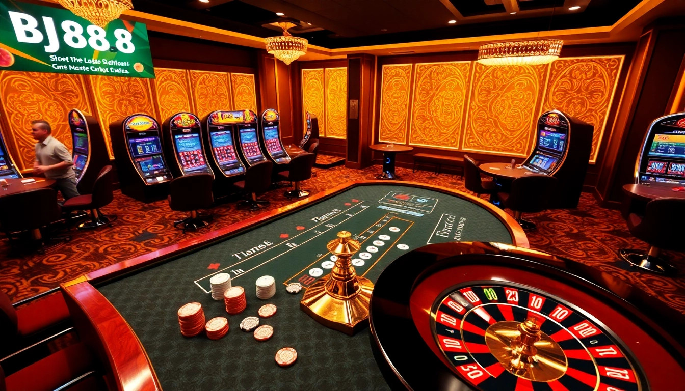 Experience the thrill of gambling at BJ88 with a vibrant casino scene featuring tables and slot machines.