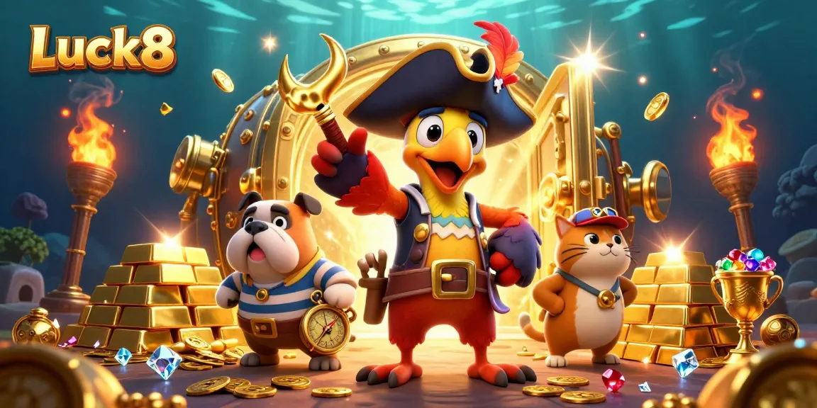Engage in thrilling gameplay at Luck8 with colorful treasure and vibrant characters in an exciting casino scene.
