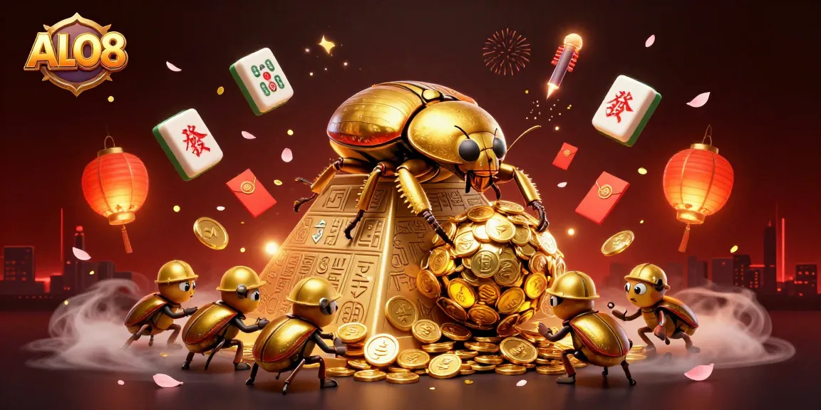 Experience the excitement of ALO8 with golden treasures and dynamic casino symbols in this vibrant scene.
