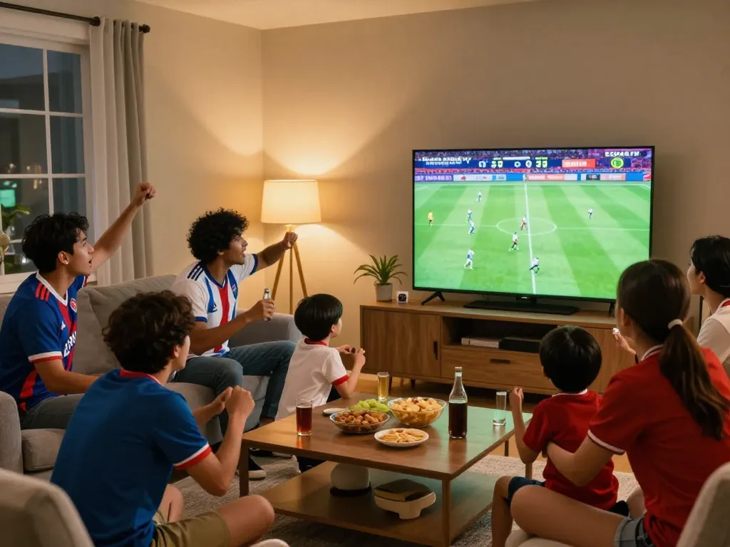 Cà Khịa TV streaming football match with excited fans in a lively living room atmosphere.