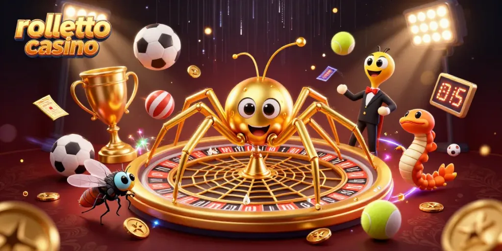 Engage with rolletto casino's thrilling atmosphere as a golden spider weaves a roulette wheel web.