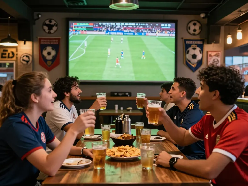 Fans enjoying a vibrant socolive soccer match at a lively sports bar, showcasing excitement and camaraderie.