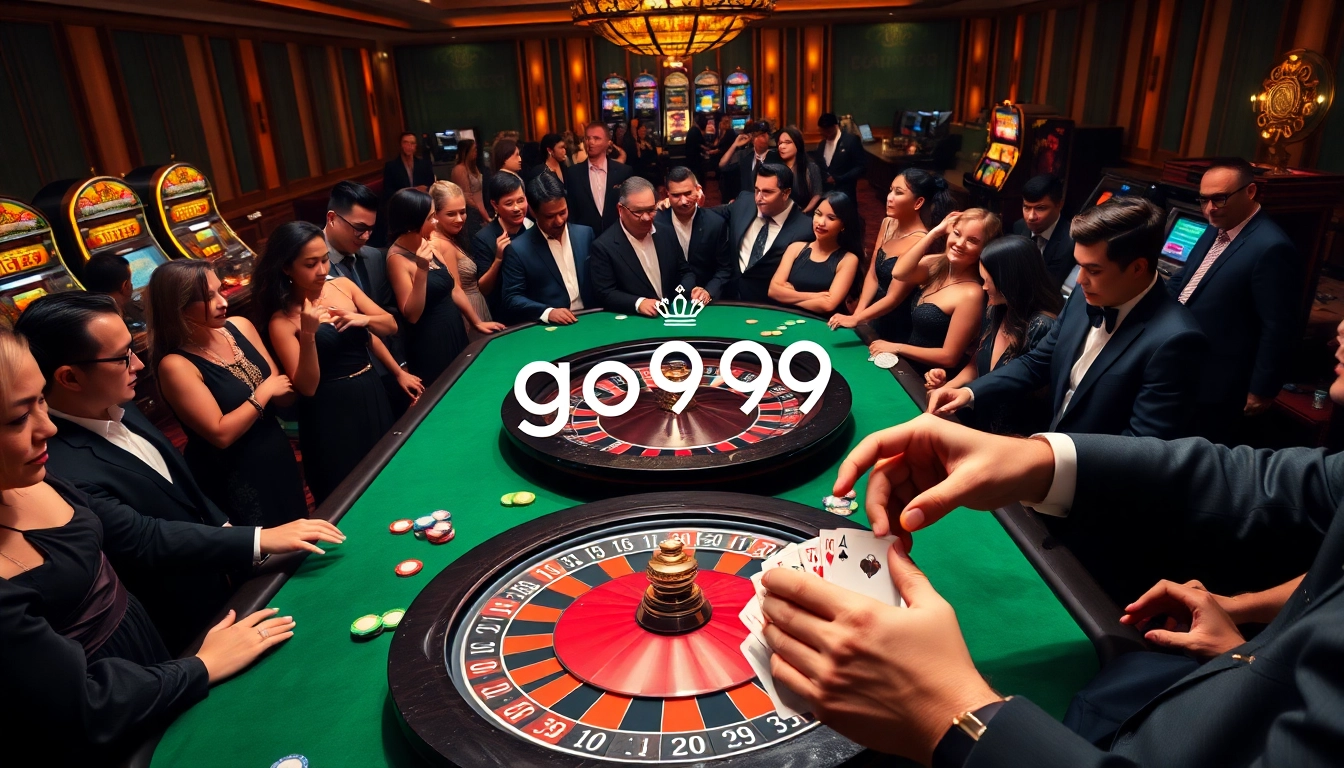 Engaging gamblers at the roulette table in a luxurious casino setting featuring go999 branding.