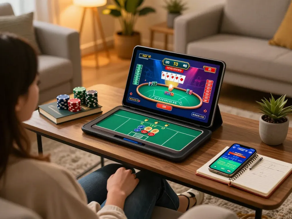 Engaging online poker gameplay on tablet while exploring tip88 strategies and tactics in a cozy home setting.