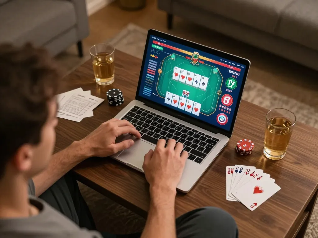 Player engaging with online poker game on red888 platform, showcasing vibrant gaming interface in a cozy setting.