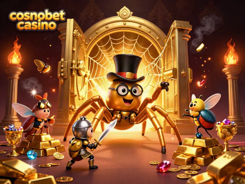 Experience the thrill of cosmobet casino with a vibrant 3D illustration featuring a golden tarantula and beetle knight.