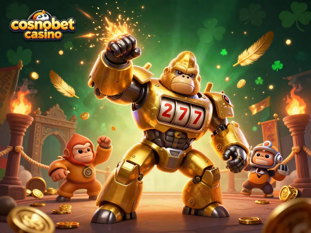 Engage with cosmobet casino's thrilling 3D illustration of a golden gorilla mech amidst vibrant casino elements.