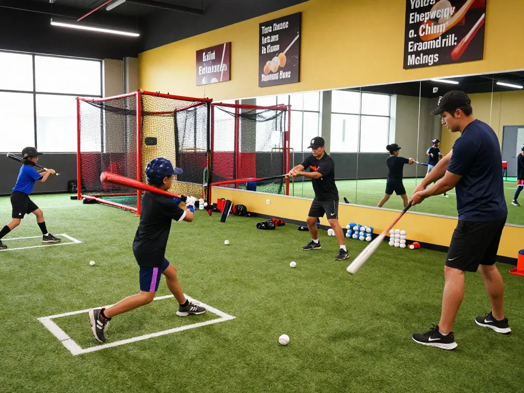 Hitclub baseball training with young athletes at vibrant indoor facility.