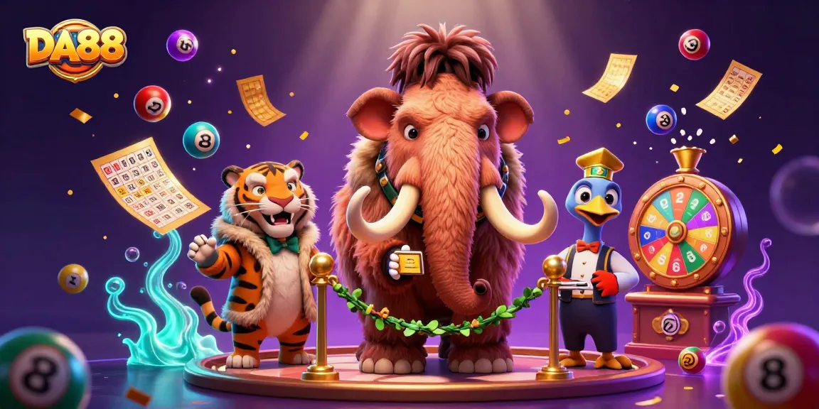 Engage with DA88's vibrant casino scene featuring a woolly mammoth bouncer and a saber-tooth VIP in a dynamic illustration.