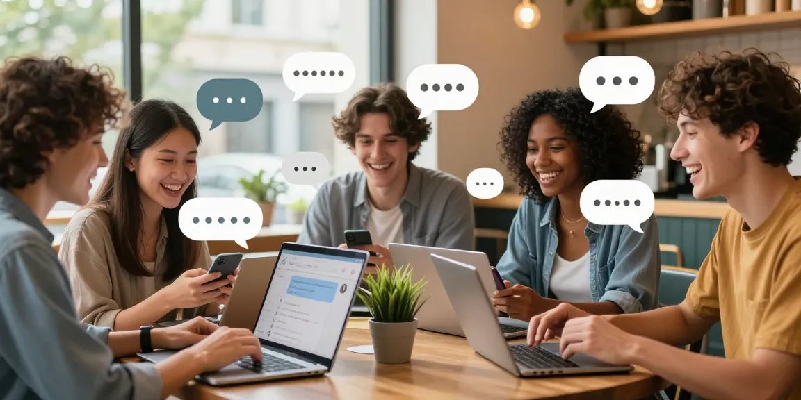 Engaging spicy chat scene with friends using AI companions at a cafe.