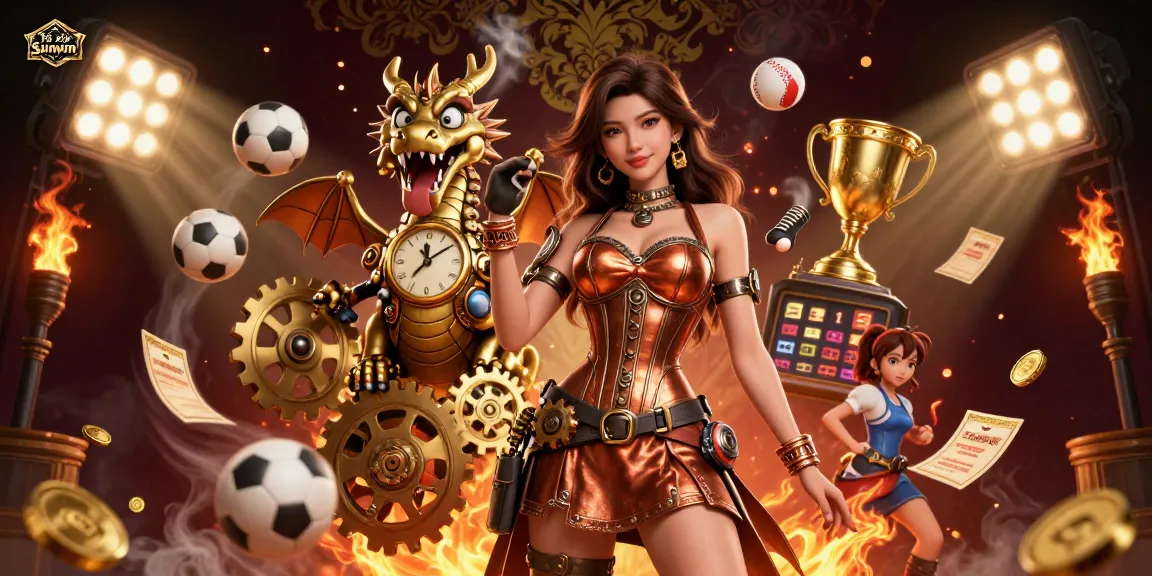 Tài xỉu Sunwin dynamic scene with a stunning character, sports elements, and vibrant casino atmosphere.