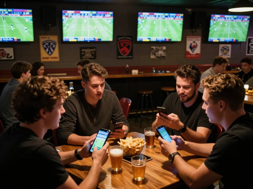 Engaged bettors analyzing kèo nhà cái in an energetic sports bar setting with multiple screens