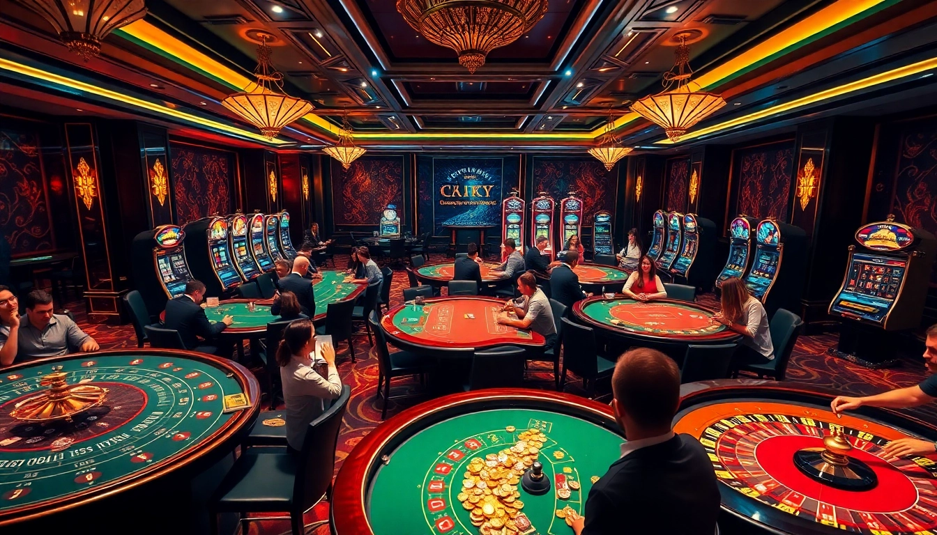Feel the thrill of winning at okfun.cn.com with a vibrant casino scene featuring gaming tables and players.