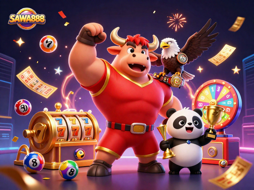 SAWA888 brings excitement with a muscular bull, eagle, and panda celebrating amid slot reels and lottery balls.