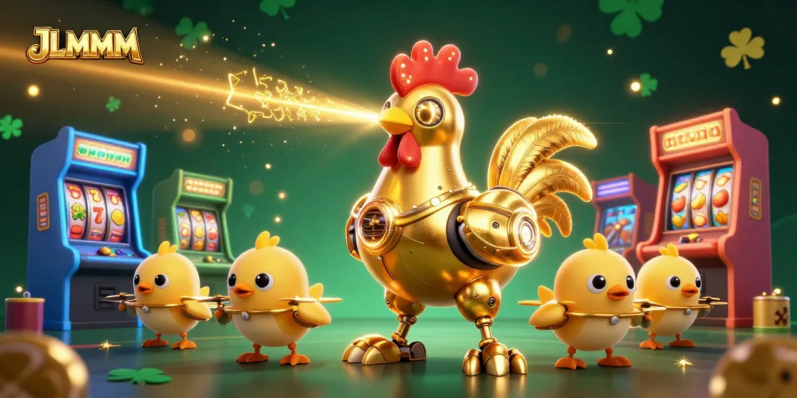 Engage with JLMMM's dynamic 3D casino adventure featuring golden rooster robot and game elements