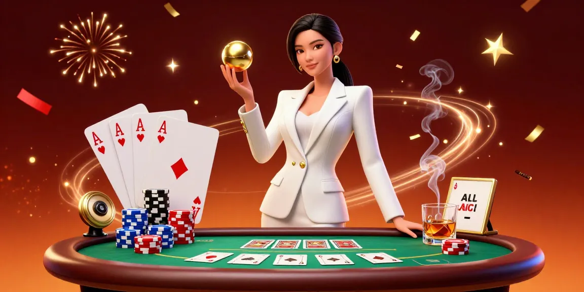 Experience thrilling gameplay at mmoo with vibrant casino elements and a confident dealer.