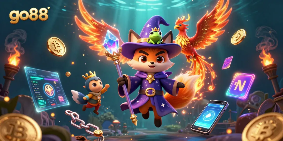 Experience exciting gameplay at go88 with a mystical wizard fox and vibrant casino elements.