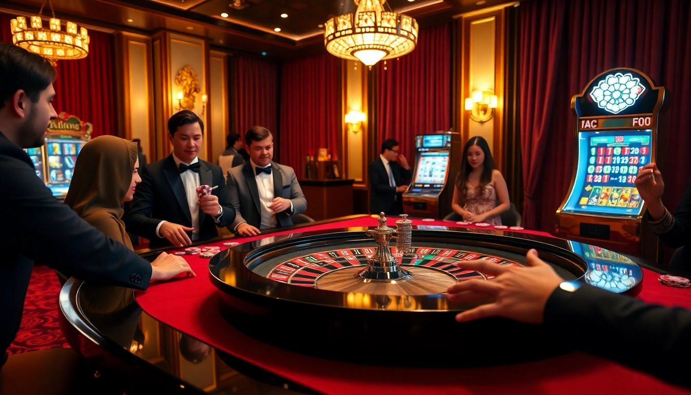 Players enjoying a high-stakes game at 69vn.com casino with vibrant poker chips and roulette wheel.