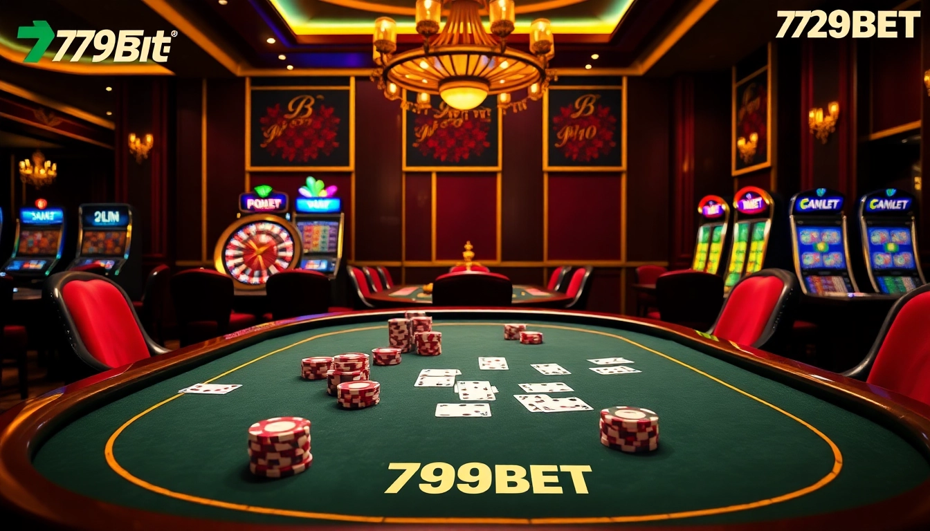Experience the thrill of gaming at 789BET with poker chips and cards on a luxurious table.