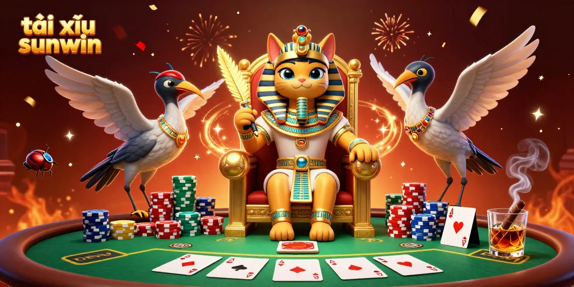The scene showcases tài xỉu sunwin with a pharaoh cat, poker elements, and vibrant celebration effects.