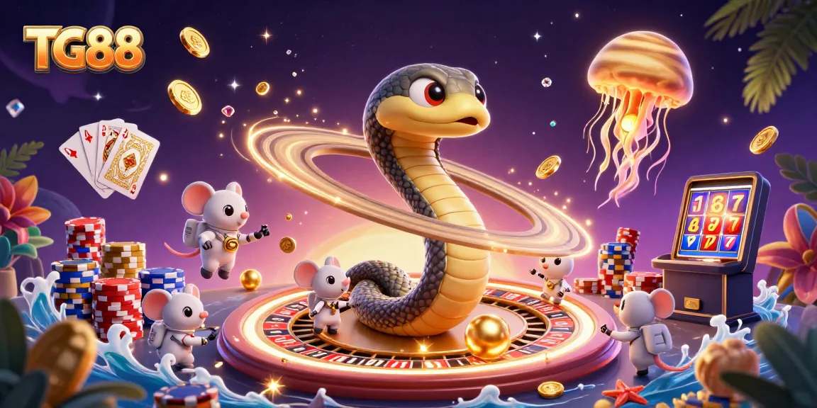 Experience the thrill of TG88 with a vibrant cosmic casino scene featuring roulette wheels and betting mice.
