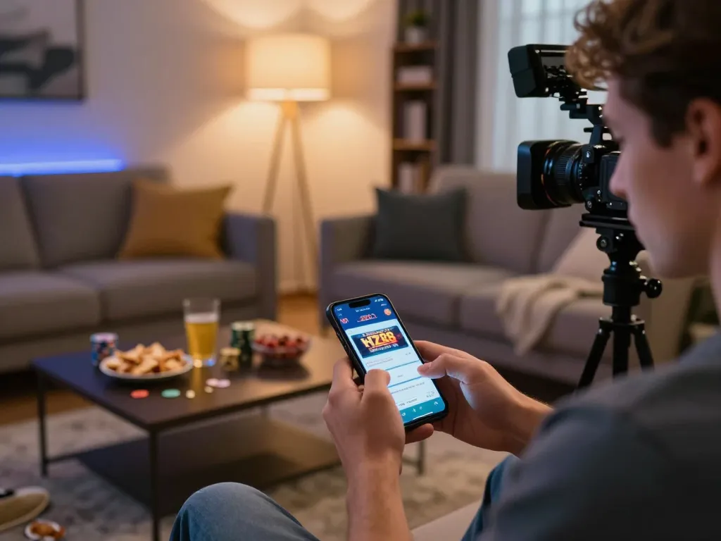 Player using smartphone to play on HZ88 casino app in a cozy home setting.
