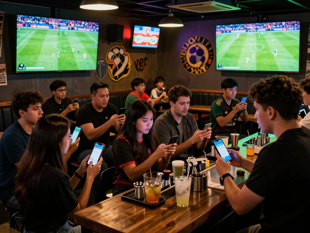 Fans engaging in live betting and sports viewing at a vibrant bar, focusing on tin soi kèo strategies.
