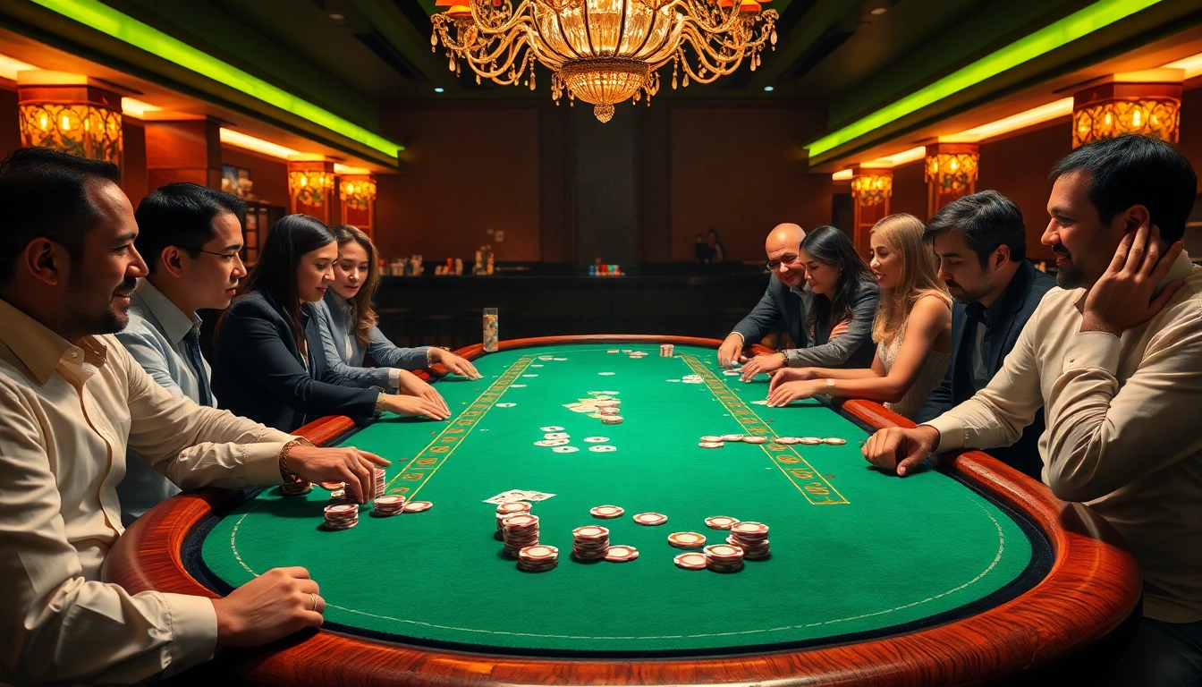 Players enjoying an exciting poker game at the LC88 casino, full of vibrant atmosphere.
