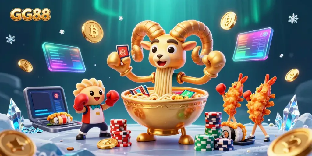 Experience GG88's vibrant online casino world with dynamic scenes showcasing characters and crypto elements.