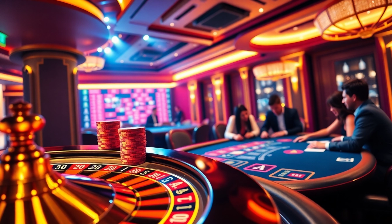 Experience thrilling gameplay at QQ88 with a luxurious casino atmosphere featuring vibrant poker tables and roulette wheels.